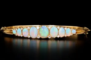 Victorian Inspired 18K Yellow Gold Natural Opal & Diamond Bangle