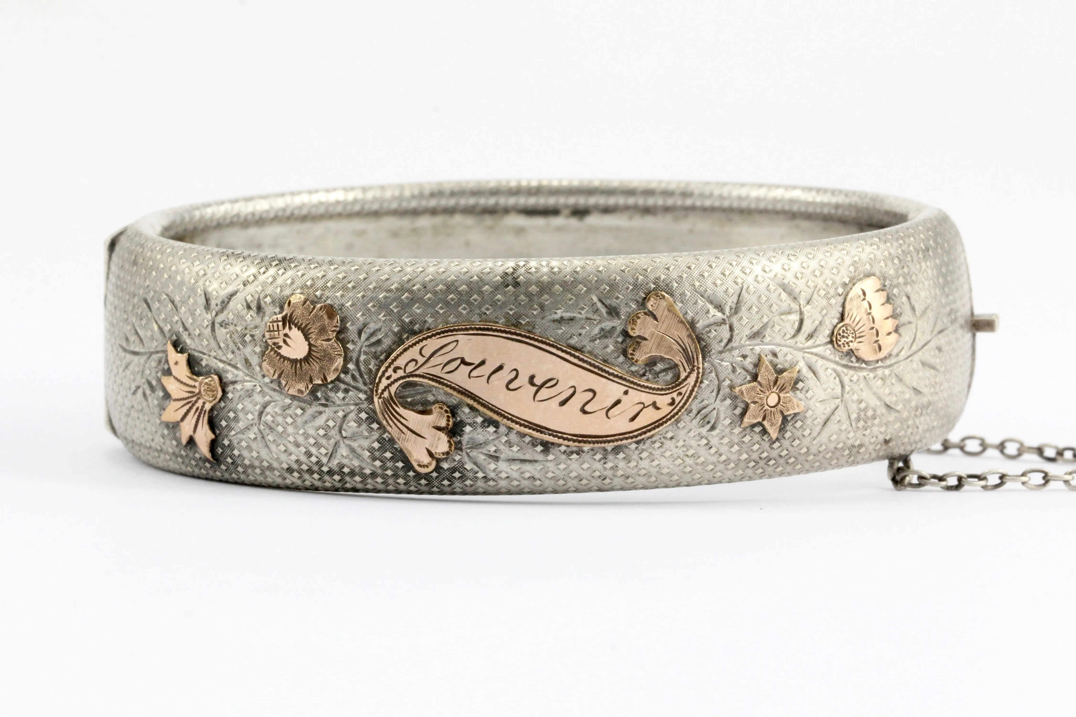 Victorian Mixed Metal 800 Silver & Rose Gold "Souvenir" Bangle Bracelet c.1870's