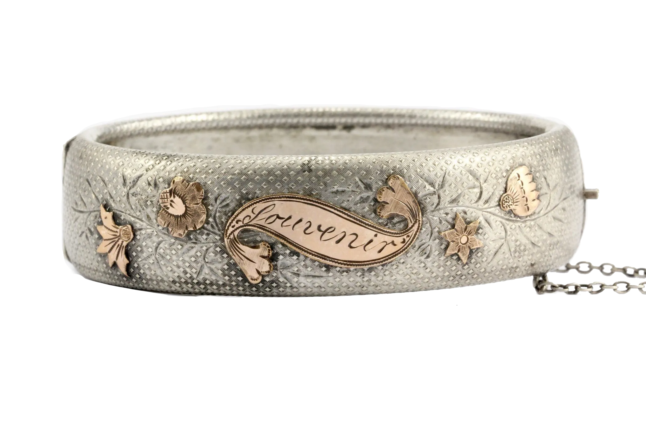 Victorian Mixed Metal 800 Silver & Rose Gold "Souvenir" Bangle Bracelet c.1870's