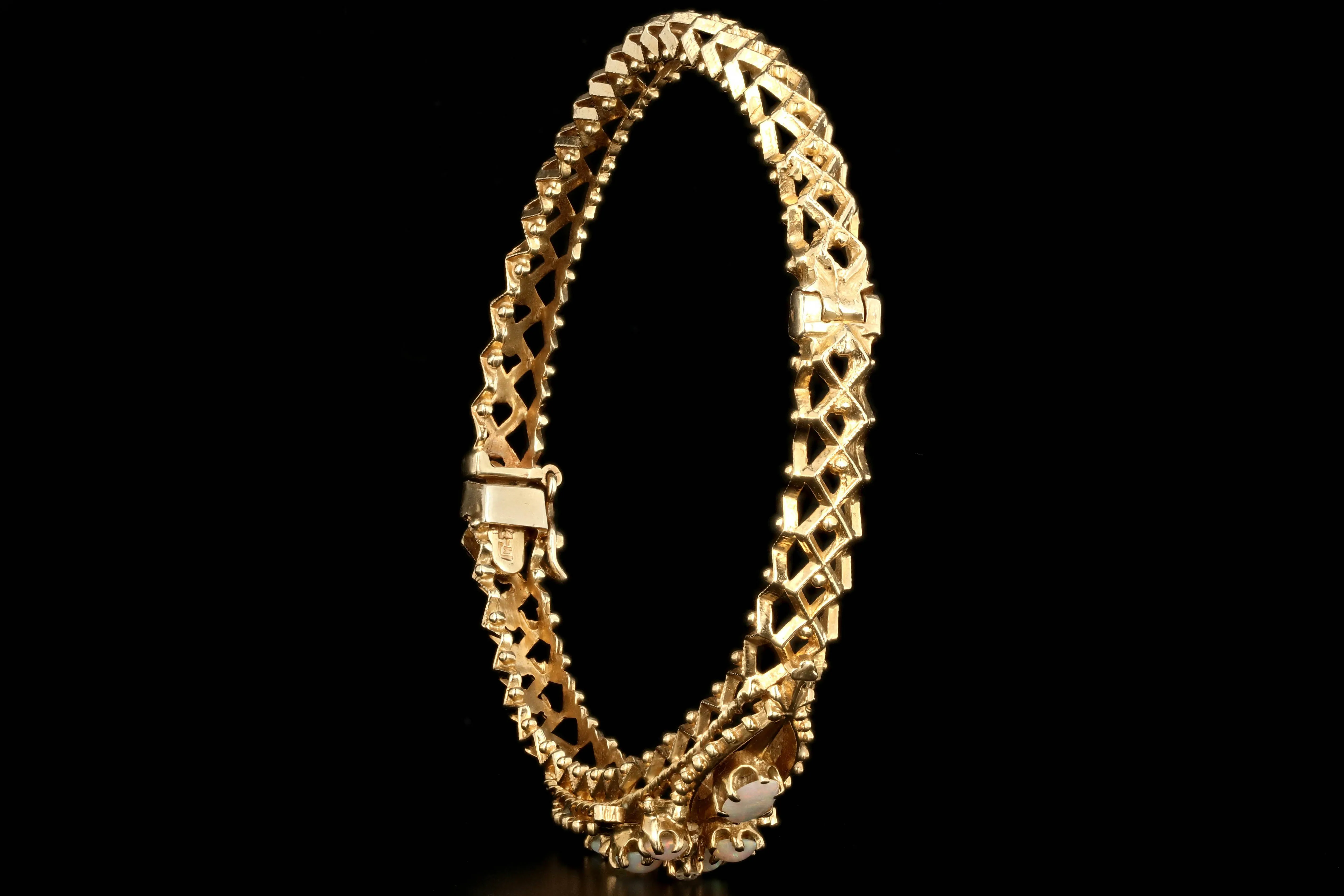 Vintage 14K Yellow Gold Opal and Diamond Bangle