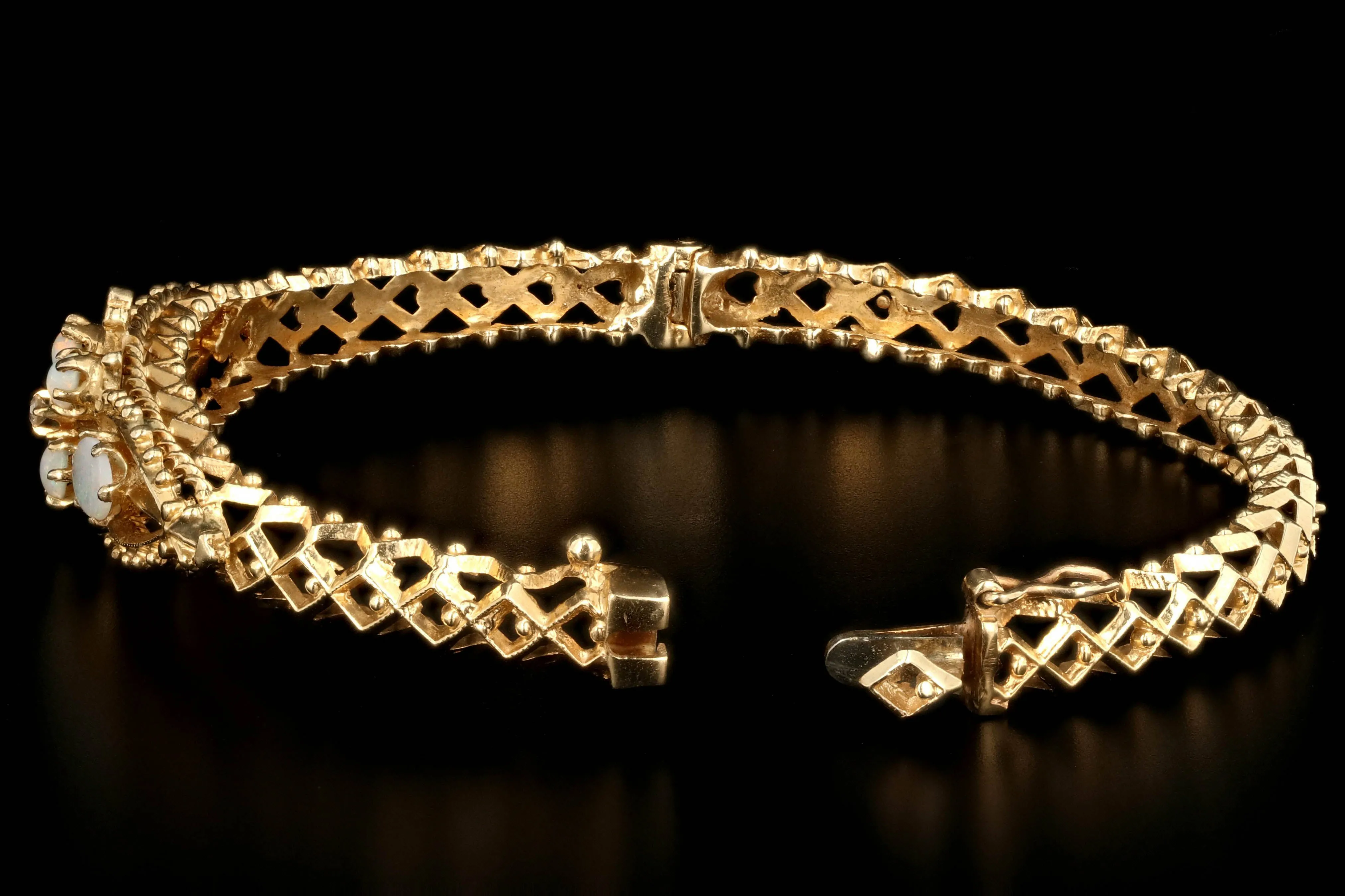 Vintage 14K Yellow Gold Opal and Diamond Bangle