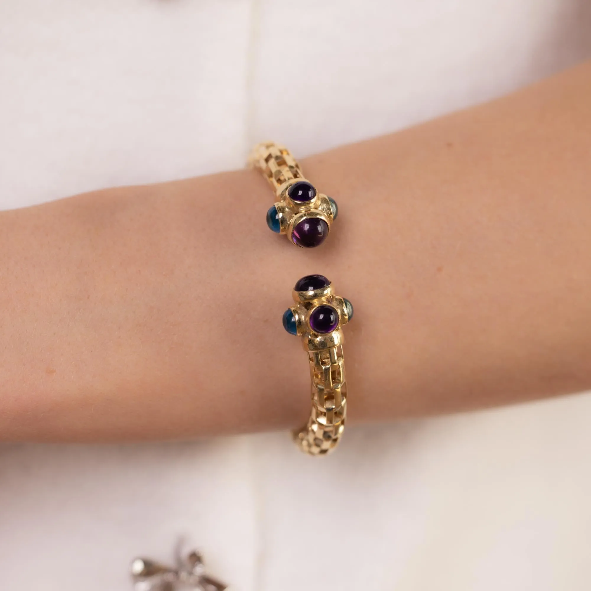 Vintage amethyst blue topaz 14k yellow gold bangle