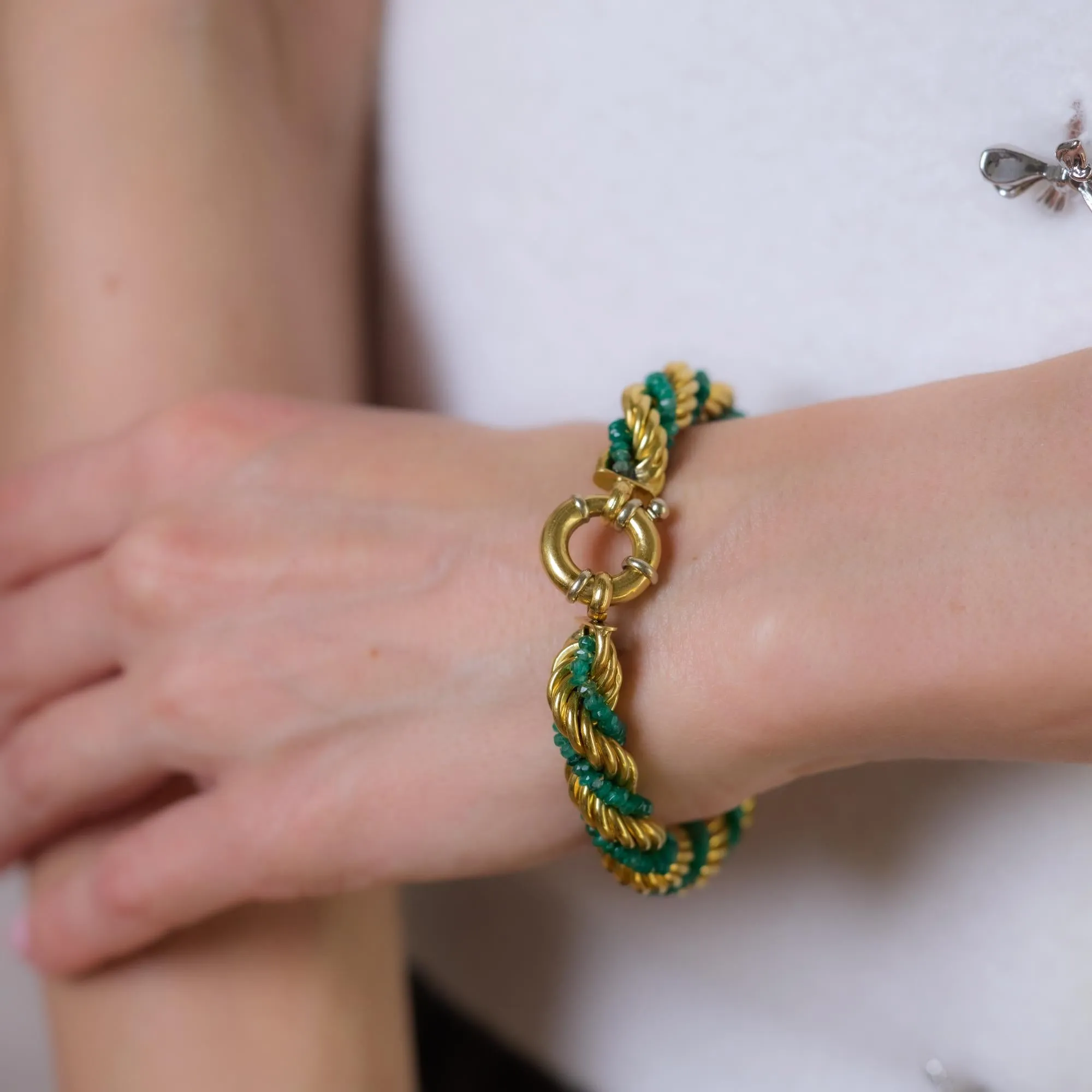 Vintage Beaded emeralds 18k yellow gold rope bracelet