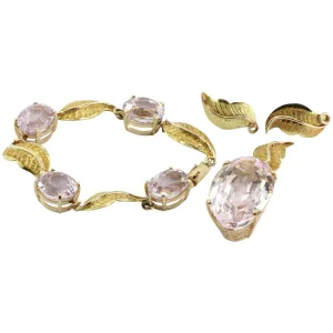 Vintage Gold 56 Carat Morganite Pendant,  30 Carat Kunzite Bracelet w/ Earrings