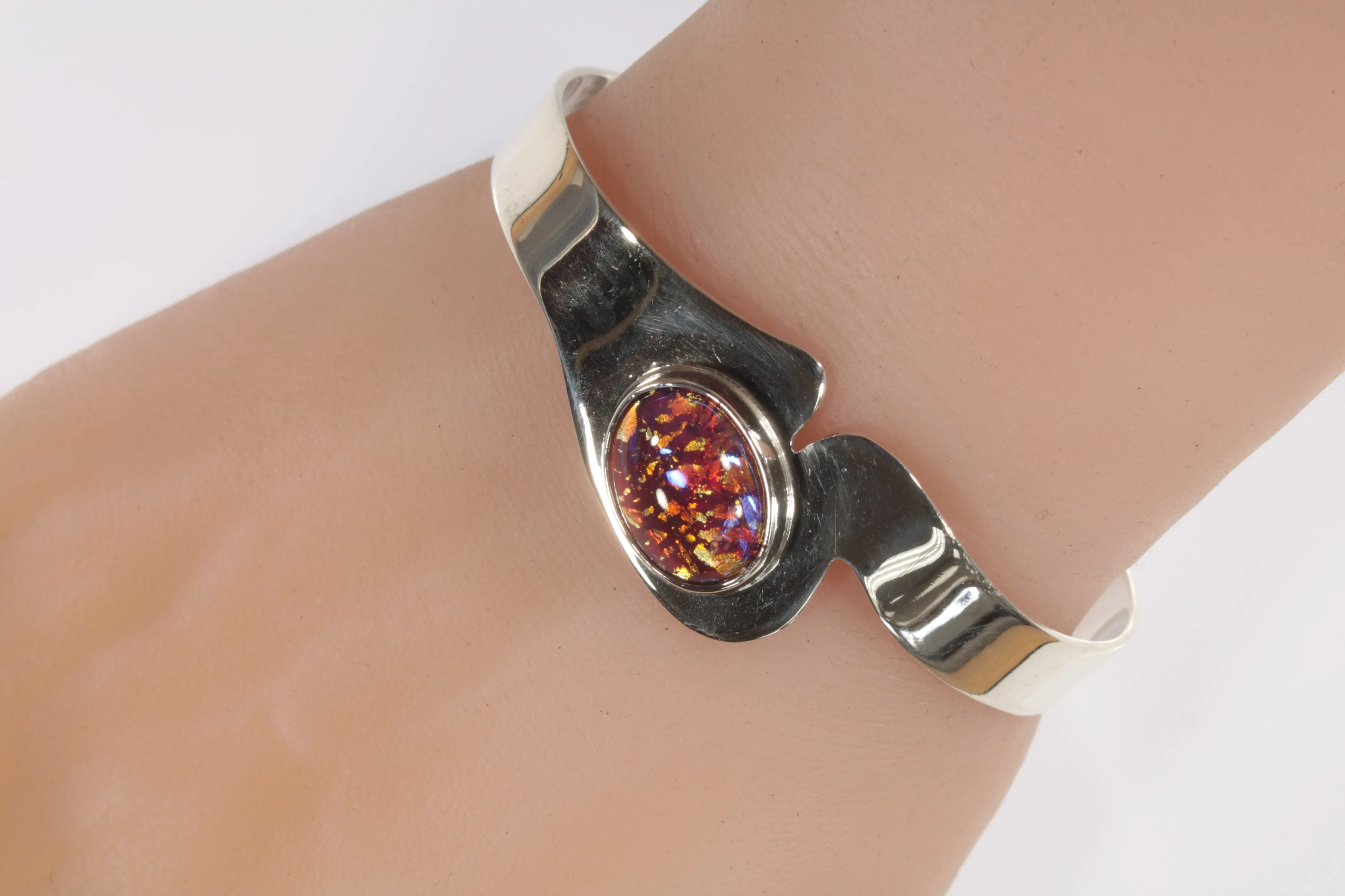 Vintage Mexico Glass Opal Sterling Silver Cuff Bracelet 20.3g