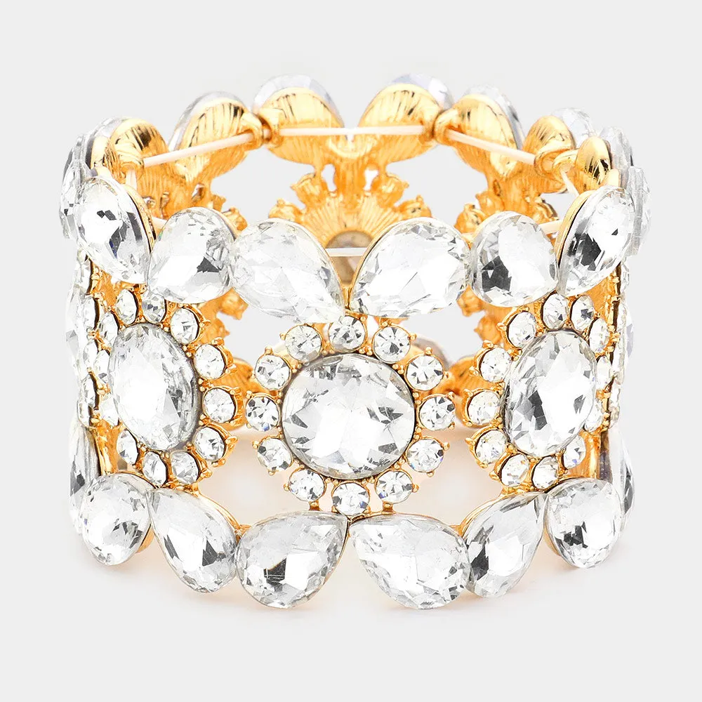 Wide Clear Crystal Multi Shaped Stone Stretch Pageant Bracelet on Gold | Evening Bracelet | 540810