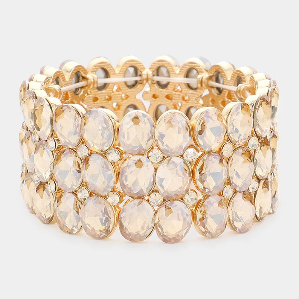 Wide Light Topaz Three Row Crystal Oval Stone Stretch Bracelet | Big Chunky Bracelet | 596235