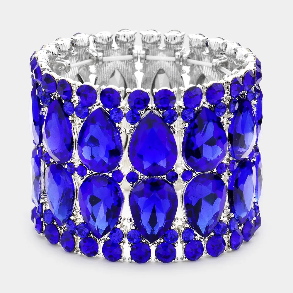 Wide Sapphire Crystal Teardrop Stretch Pageant Bracelet   | Pageant Jewelry | 519353