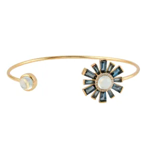 Yellow Gold Baguette Blue Topaz & Aquamarine Pave Diamond Open Cuff Bracelet For Her