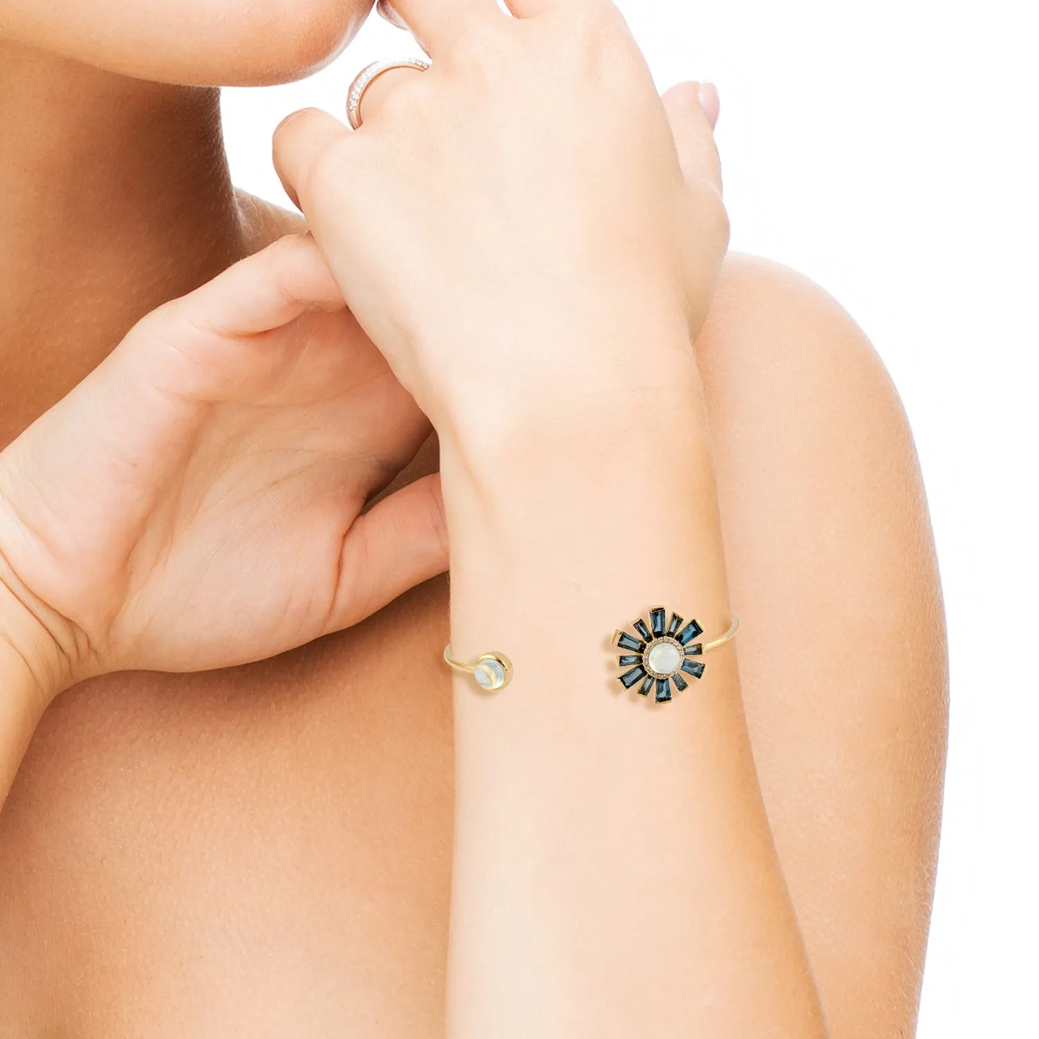 Yellow Gold Baguette Blue Topaz & Aquamarine Pave Diamond Open Cuff Bracelet For Her