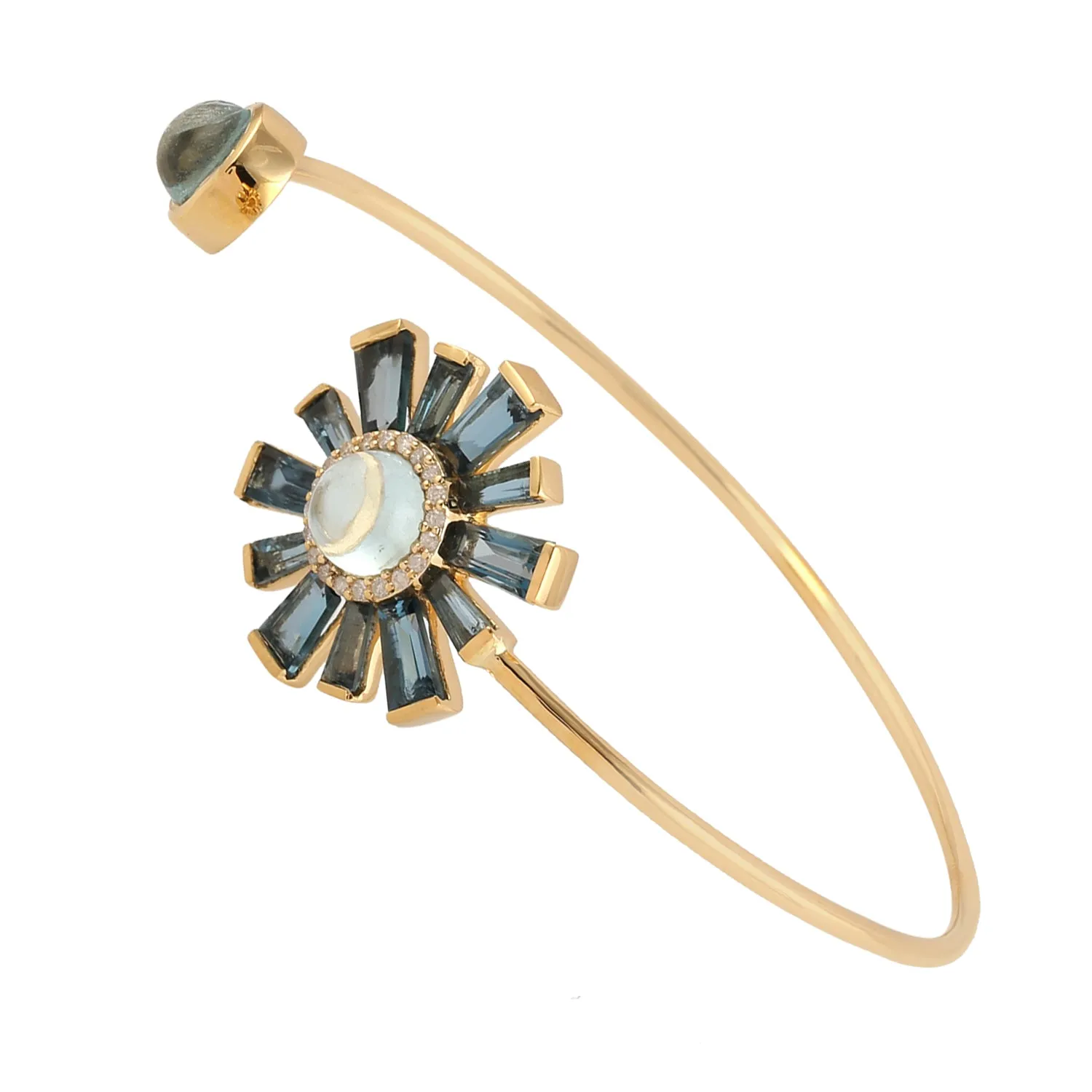 Yellow Gold Baguette Blue Topaz & Aquamarine Pave Diamond Open Cuff Bracelet For Her