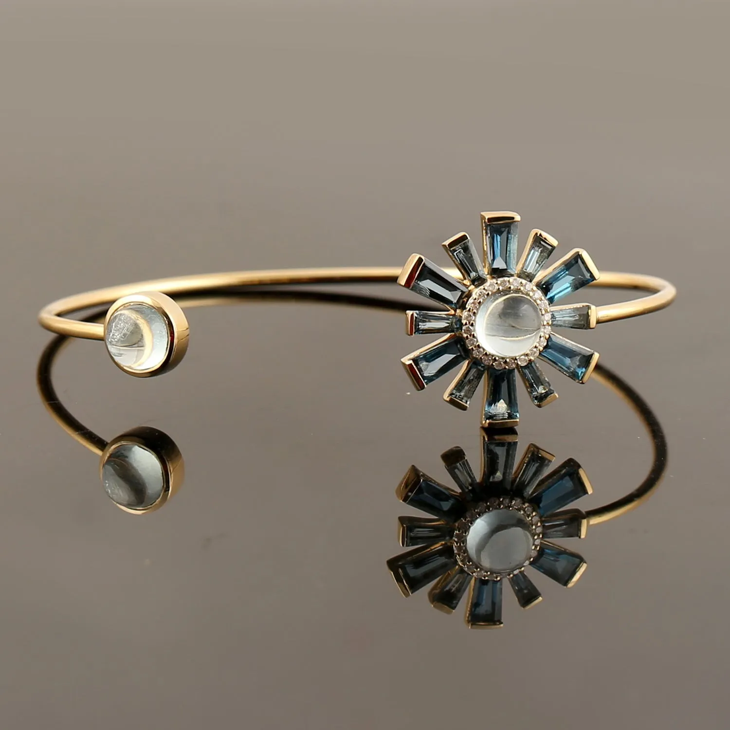 Yellow Gold Baguette Blue Topaz & Aquamarine Pave Diamond Open Cuff Bracelet For Her