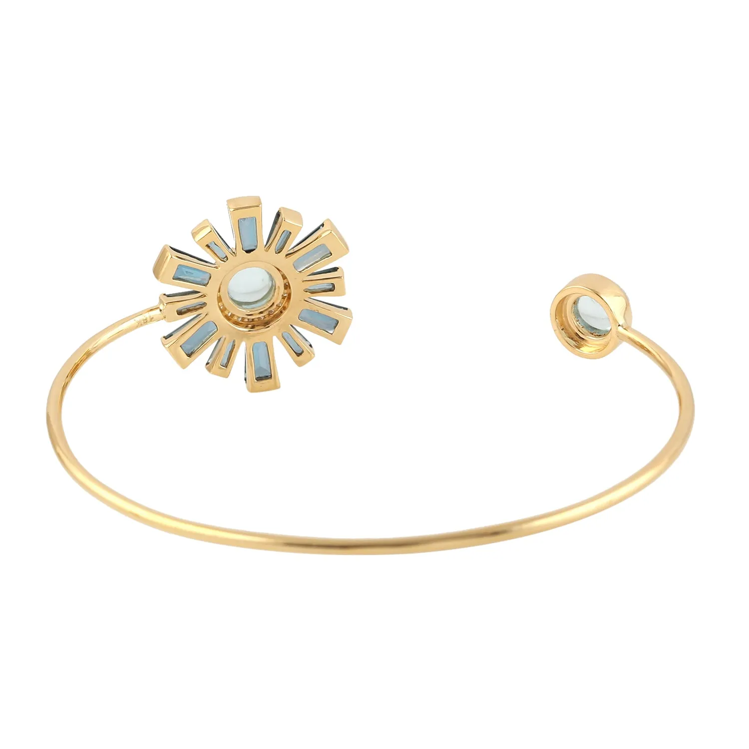 Yellow Gold Baguette Blue Topaz & Aquamarine Pave Diamond Open Cuff Bracelet For Her