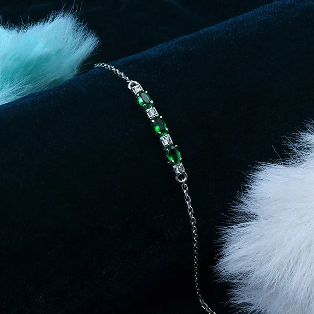 Zarkan Green Checkered Linear Silver Bracelet